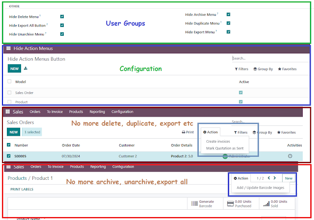 Hide Delete | Duplicate | Export | Export All | Archive | Unarchive Action Menu Button Dynamically (Odoo)
