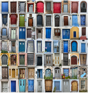 Seventy doors of Santorini in a composite image.