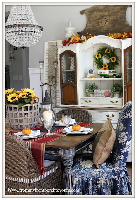 French Farmhouse Style Fall Dining Room-Blue Floral Parson Chair Slip Cover-Tablesetting-Basket of Sunflowers-From My Front Porch To Yours