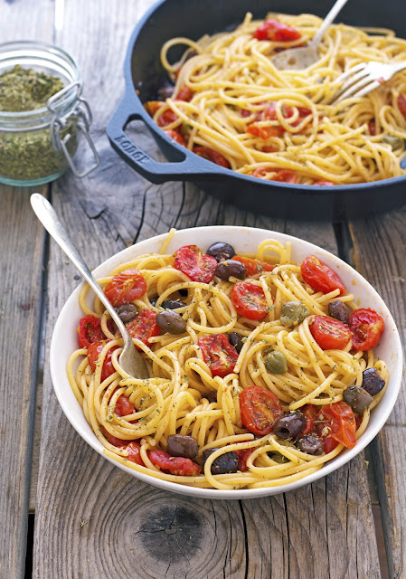 Tomato Confit Pasta alongside Olives together with Capers