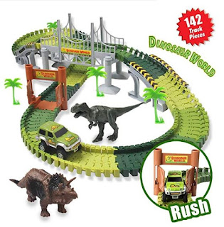 HOMOFY Dinosaur Toys Slot Car Race Track Sets Jurassic World with Flexible Tracks 2 Dinosaurs,Bridge Create A Road 142 Pcs Car Track Toys for 1 2 3 Year Old Boys Girls Toddlers Gifts