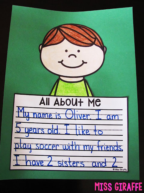 All About Me writing activity that is no prep! Kids simply write about themselves, color the picture, cut it out (all one easy piece to cut out!), then glue it on construction paper to make an awesome first day of school craft!