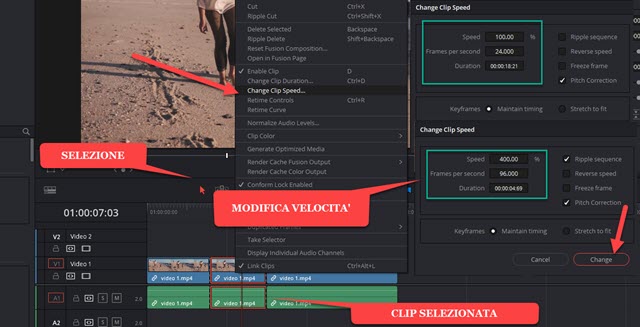 cambiare la velocità di una clip video