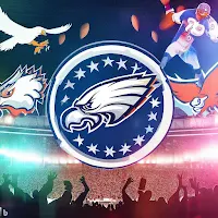 A collage featuring the logos of Philadelphia Eagles, 76ers, Flyers, and Phillies, surrounded by cheering fans and stadium lights.