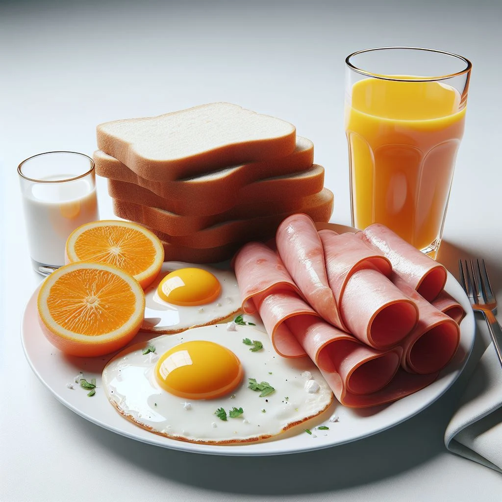 imagen creada con inteligencia artificial de un desayuno de huevos fritos estrellados jamon pan tostado jugo de naranja leche