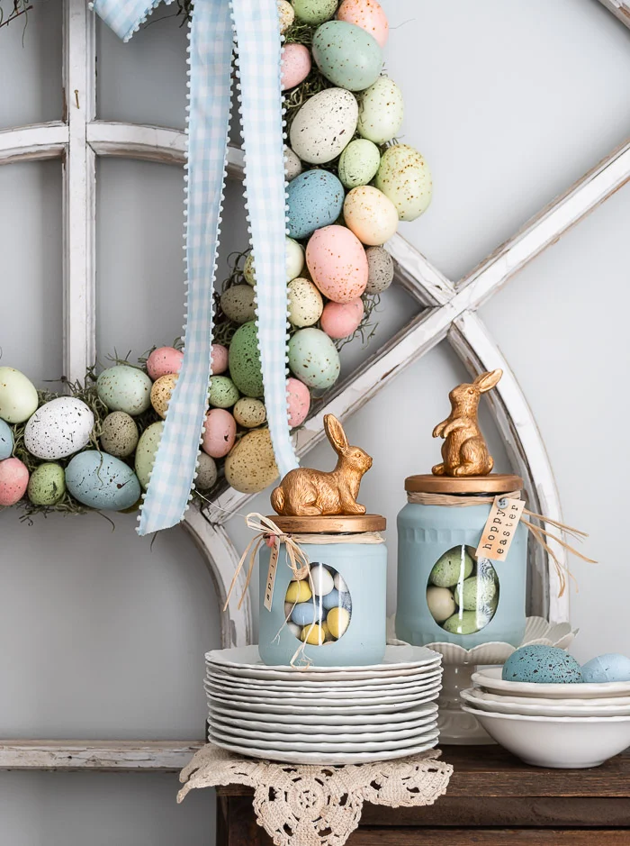 easter egg wreath, ironstone stack, bunny jars