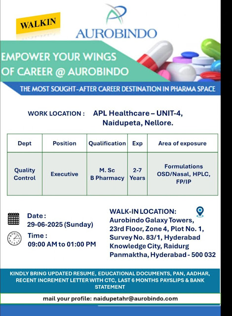 Aurobindo Pharma Walk In Interview For Quality Control Dept