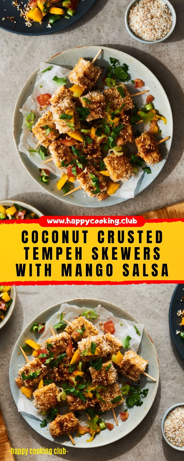COCONUT CRUSTED TEMPEH SKEWERS WITH MANGO SALSA