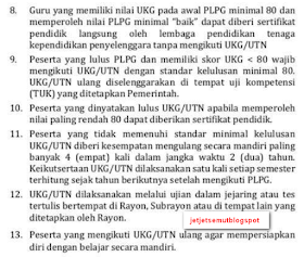 8. Guru yang memiliki nilai UKG pada awal PLPG minimal 80 dan memperoleh nilai PLPG minimal "baik" dapar diberi sertifikat  pendidik langsung oleh lembaga pendidi kan tenaga kependidikan penyelenggara tanpa mengikuti UKG/UTN  9. Peserta yang lulus PLPG dan memiliki skor UKG < 80 wajib mengikuti UKG/UTN dengan standar kelulusan minimal 80.  UKG/UTN ulang diselenggarakan di tempat uji kompetensi (TUK) yang diteta pkan Pemerintah.  10. Peserta yang dinyatakan lulus UKG/UTN apabila memperoleh nilai paling rendah 80 dapatcliberikan sertifikat pendidik. 11. Peserta yang tidak memenuhi standar minimal kelulusan UKG/UTN diberi kesempatan mengulang secara mandiri paling ban yak 4 (em pat) kali dalarn jangka waktu 2 ( dua) tahun. Keikutsertaan UKG/UTN dilaksanakan satu kali setiap semester  terhitung sejak tahun berikutnya setelah mengikuti PLPG. 12. UKG/UTN dilaksanakan melalui ujian dalam jejaring atau tes tertulis bertempat di Rayon, Sub rayon atau di ternpar lain yang ditetapkan oleh Rayon.  13. Peserta yang mengikuti UKG/UTN ulang agar mempersiapkan diri dengan belajar secara mandiri. 