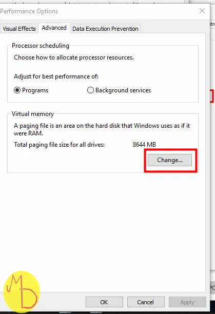 Click on Change in Virtual Memory Section