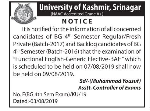 University of Kashmir Important Notice regarding examination of Functional English for BG 4th semester 