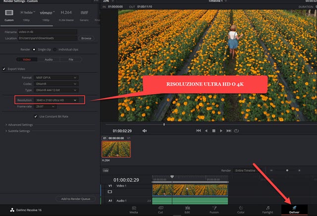 esportazione del video in 4k