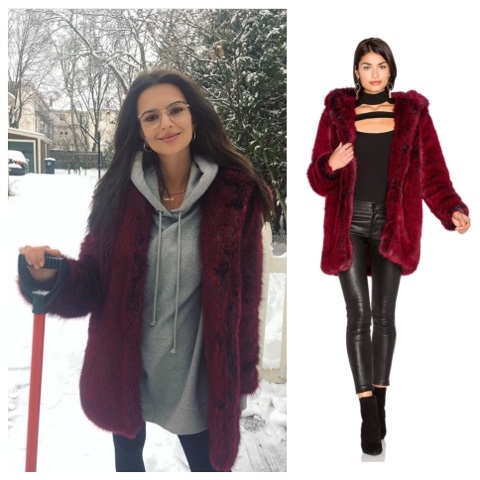 Emily Ratajkowski shovelling snow in red cranberry fur coat 