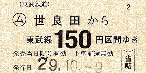 東武鉄道　常備軟券乗車券33　伊勢崎線　世良田駅(2017年)