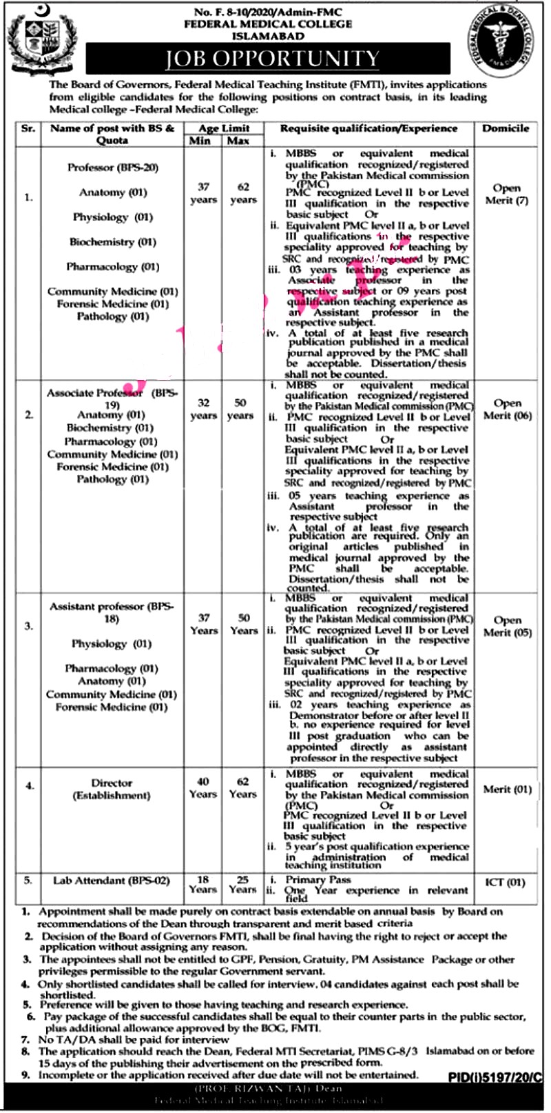 Latest Jobs in  Federal Medical College Islamabad 2021