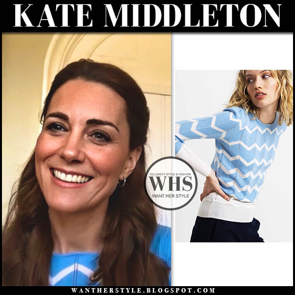 Kate Middleton in blue and white knit chevron sweater