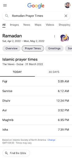 screenshot showing Ramadan prayer times