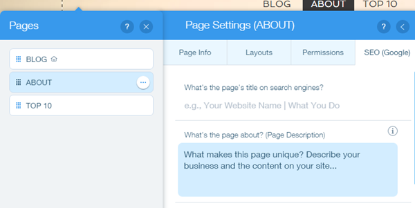 Edit Page Description in Wix website builder