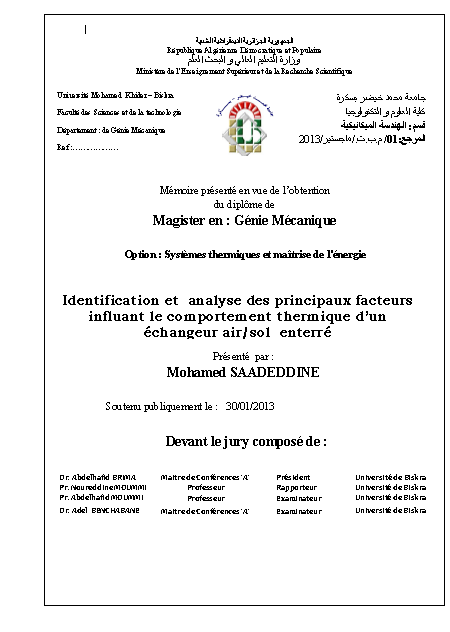 Identification et analyse des principaux facteurs influant le comportement thermique d’un échangeur air sol enterré par Mohamed SAADEDDINE