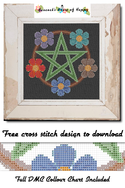 I love all of the bright colours in this free pentacle cross stitch pattern. They are meant to represent Water, Earth, Fire, Air, and Spirit. Which means this free magic cross stitch pattern has a HUGE colour key! But if you wanted to, you could change the cross stitch flowers to be all one colour. Like have five orange flowers if orange suits your aura so to speak. I also like how this cross stitch pentacle pops on the black background. Although I think it would make a pretty cross stitch on any background.