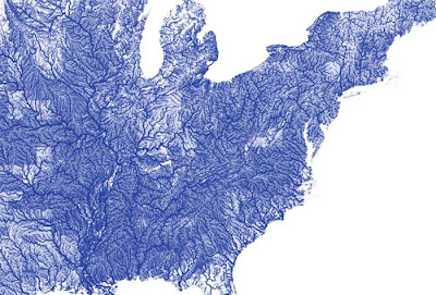 Beginning as an exercise in using open source information rather than to be a piece of art, Nelson Minar's All Rivers map is a detailed representation of every waterway in the bordering 48 United States. By using the National Hydrography Dataset, Minar outlined each river, stream, and creek he could find and related their Strahler number, which is a measure of their significance, onto the vector map he created. This interactive chart allows users to explore the different regions and examine the variety and types of waterways found in the area.