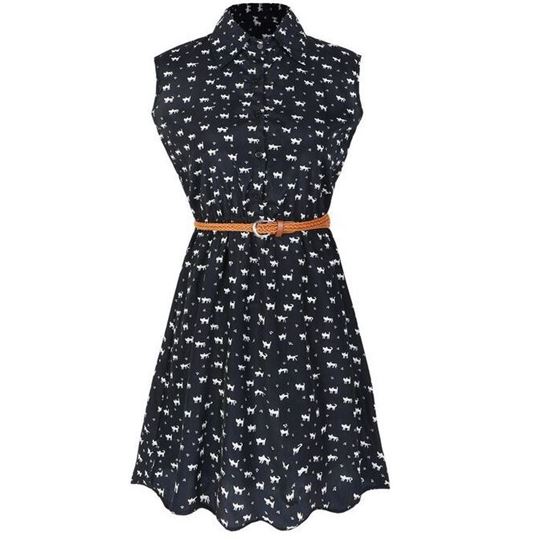  Cat footprints pattern Shirt dress casual dresses with Belt