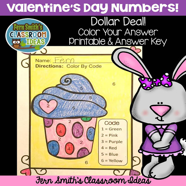 Fern Smith's Classroom Ideas Valentine's Day Dollar Deal Color By Code for Numbers on TeacherspayTeachers, TpT.