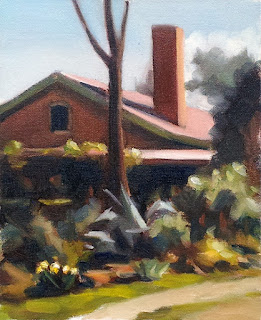 Oil painting of a house featuring a gabeled red roof and chimney, surrounded by trees and shrubs.