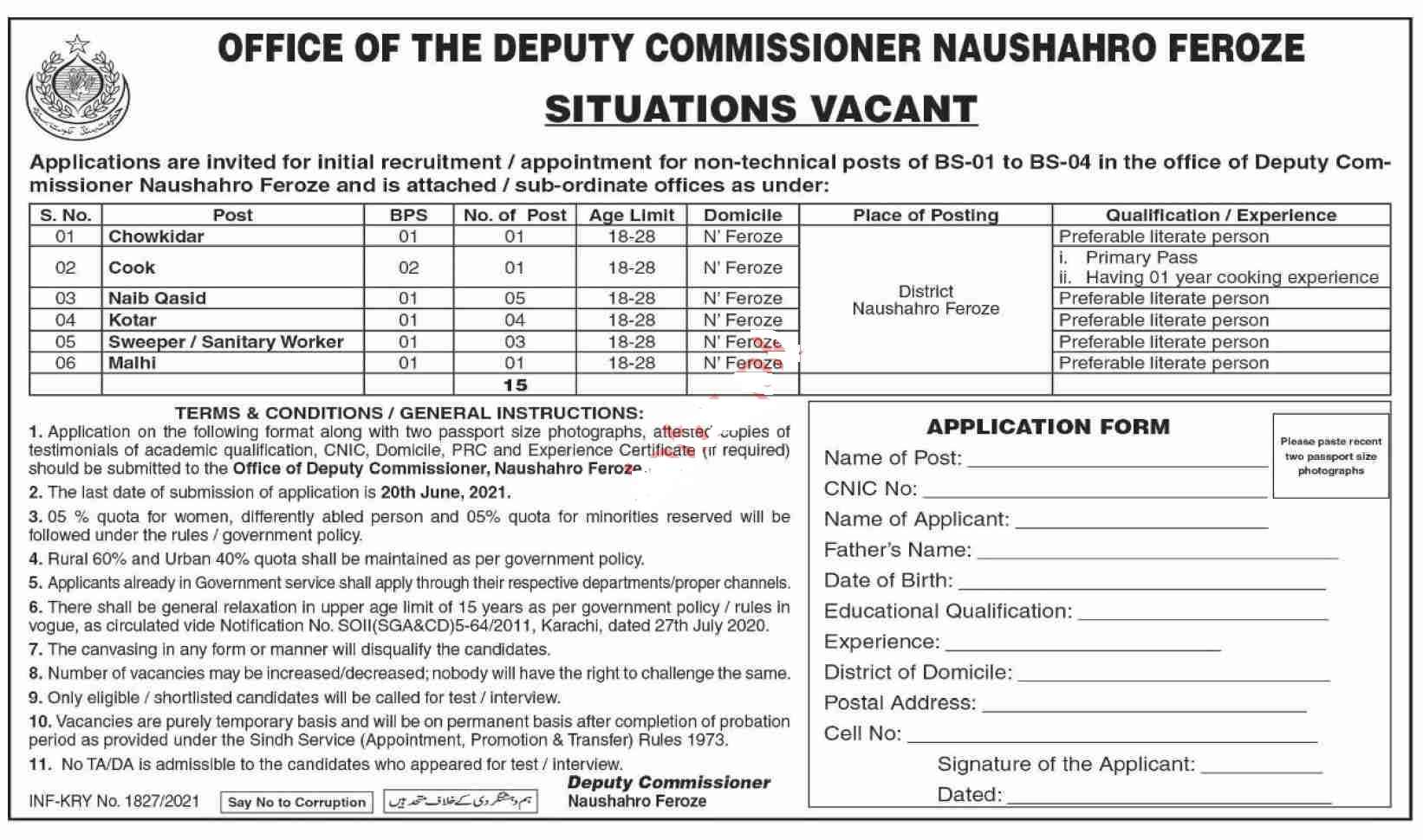 Deputy Commissioner DC Naushahro Feroze Jobs 2021