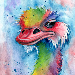 Rainbow ostrich watercolor painting