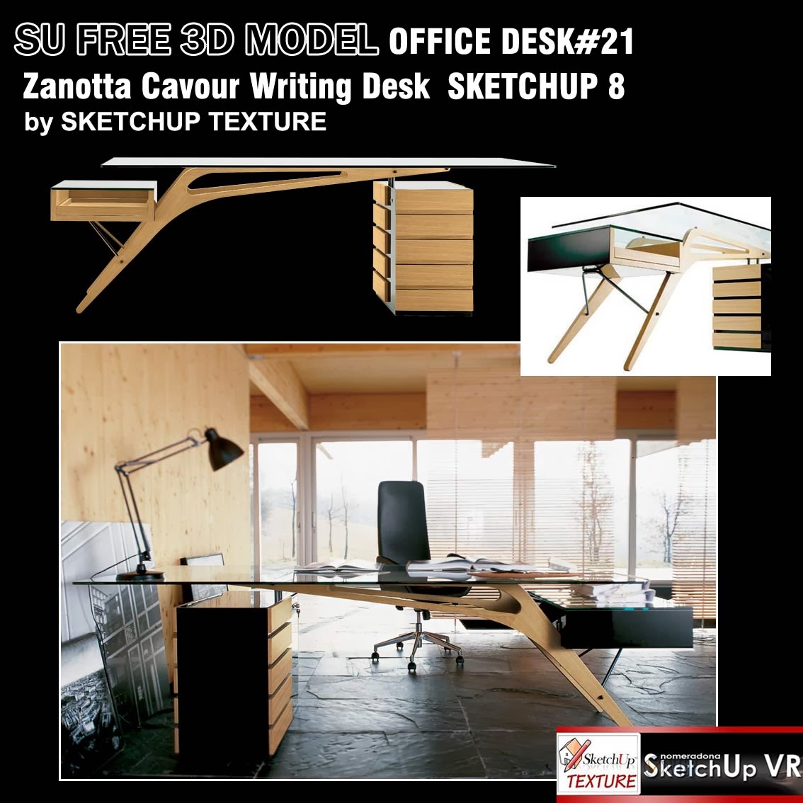 stained oak drawers in addition to compartment alongside brushed glossy lacquered parts inwards dark add together simpl SKETCHUP OFFICE 3D MODEL ZANOTTA CAVOUR DESK