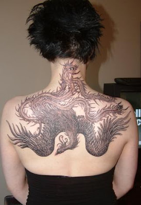 upside down, phoenix tattoo design, on the back
