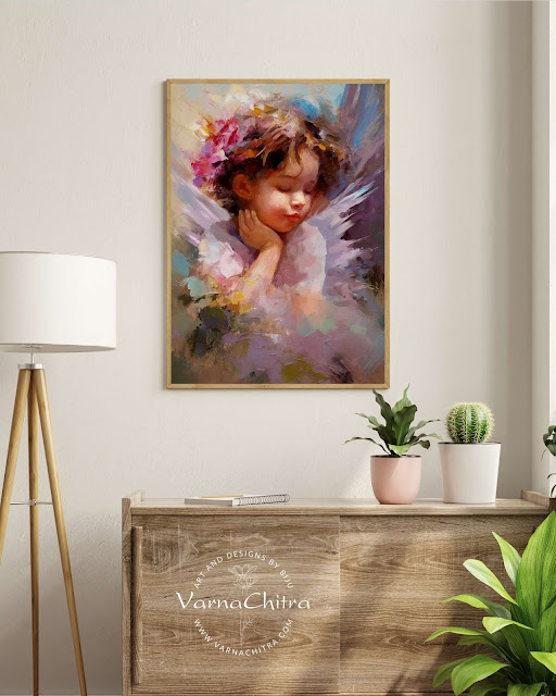 Cute and innocent angel in impasto thick paint oil painting style with textured and colorful treatment by Biju Varnachitra