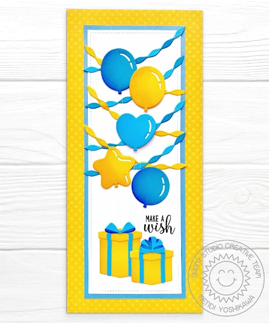 Sunny Studio Stamps Yellow & Blue Slimline Birthday Card (using new Crepe Paper Streamers, Bright Balloons & Perfect Gift Boxes Dies)