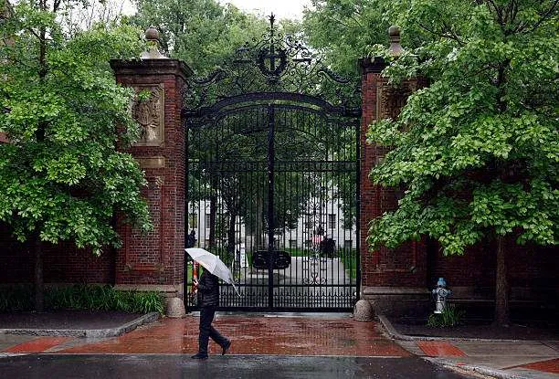 A pedestrian carrying an umbrella walks past Harvard Yard as a Nor'easter sweeps through the New England region in Cambridge, Massachusetts, on May 22, 2025. Photo by Danielle Parhizkaran/Getty Images.