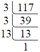 Prime factorization of 117 by division method