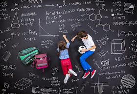 Pic of girl and boy working together surrounded by maths formulae background