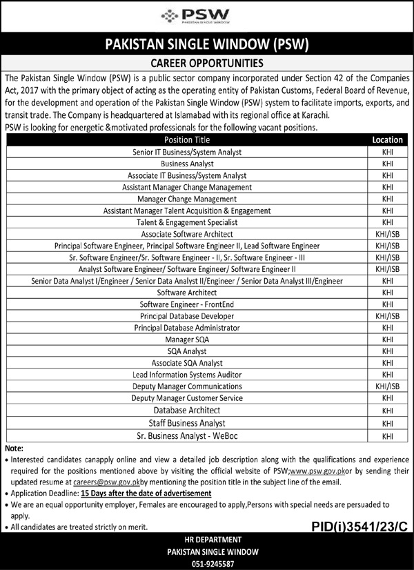 Pakistan Single Window Jobs 2024