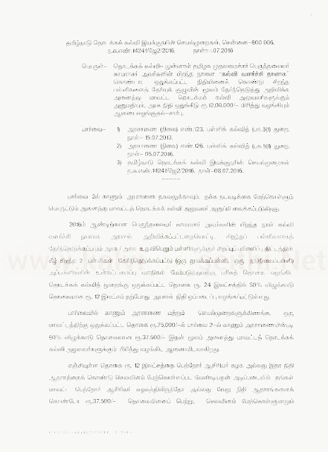 தொடக்கக்கல்வி - காமராஜர் பிறந்தநாள் - கல்விவளர்ச்சி நாள் "சிறப்பு பரிசளிப்பு திட்டம்"- மாவட்டம் தோறும் ஒரு நடுநிலைப்பள்ளிக்கு ரூ.25,000/- நடுநிலைப் பள்ளிக்கு ரூ.12,500/- நிதி அனுமதித்து உத்தரவு - இயக்குனர் செயல்முறைகள்.