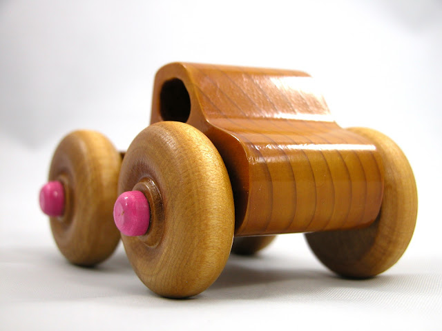 Handmade Wooden Toy - Play Pal - Monster Truck - Pink Hubs - Amber Shellac - Pine