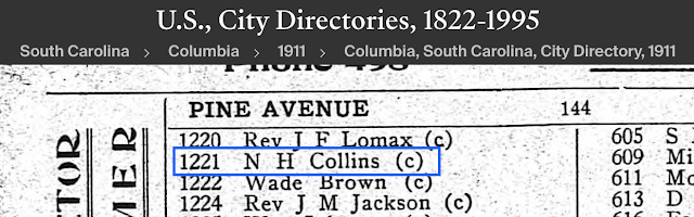 snippet of the 1911 Columbia, South Carolina City Directory, listing the Collins family at 1221 Pine Avenue