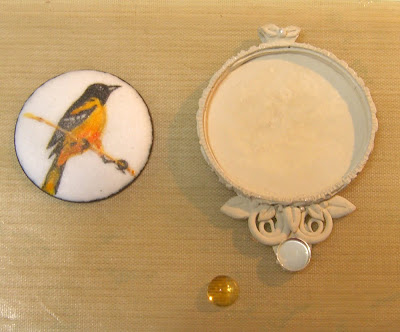 copper with painted enamel of oriole bird set in silver metal clay