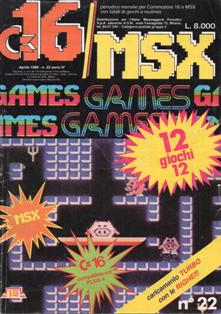C16/MSX Games 22 - Aprile 1988 | PDF HQ | Mensile | Videogiochi | Commodore
Forse una delle poche riviste riviste in Italia a dedicarsi attivamente al supporto del Commodore 16 e del Plus 4; conteneva un mix fra giochi commerciali, oppurtunamente modificati, e programmi originali creati da autori italiani e stranieri.