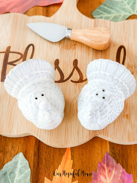 aerial view of white turkey salt and pepper shakers