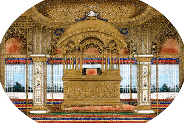 Картина с изображением Павлиньего трона в Диван-и-Хас Красного форта Дели