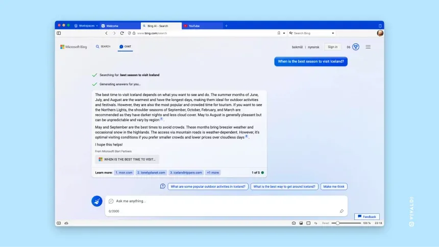 Vivaldi browser ottiene il supporto a Bing Chat