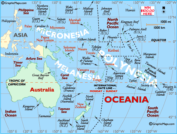 Figure 1: Oceania map. The South Pacific Island region comprises of 22