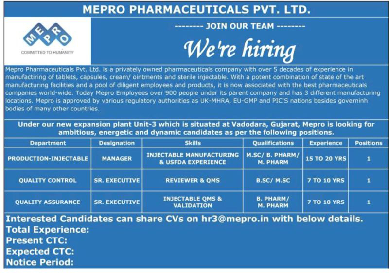 Job Availables,Mepro Pharmaceuticals Pvt. Ltd. Job Vacancy For BSc/ MSc/ B.Pharm/ M.Pharm