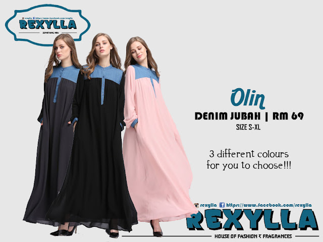 rexylla, denim fhiffon, denim chiffon jubah, olin collection