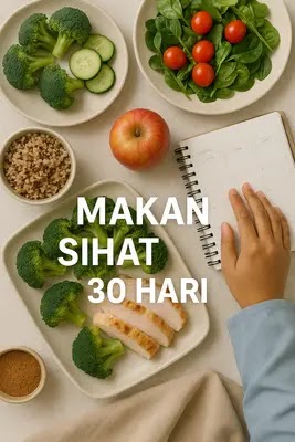 Flatlay makanan sihat bersama planner dan tangan muslimah untuk cabaran makan sihat 30 hari.